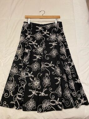 Black Floral A-Line Embroidered Midi Skirt